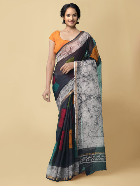

Unnati Silks Black & White Batik Kota Pure Cotton Saree