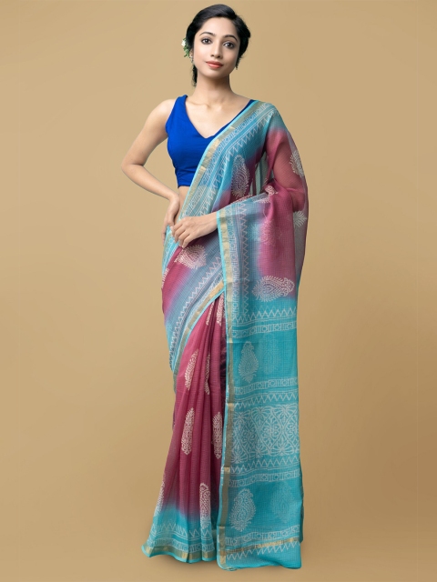 

Unnati Silks Pink & Blue Ethnic Motifs Zari Pure Cotton Kota Saree