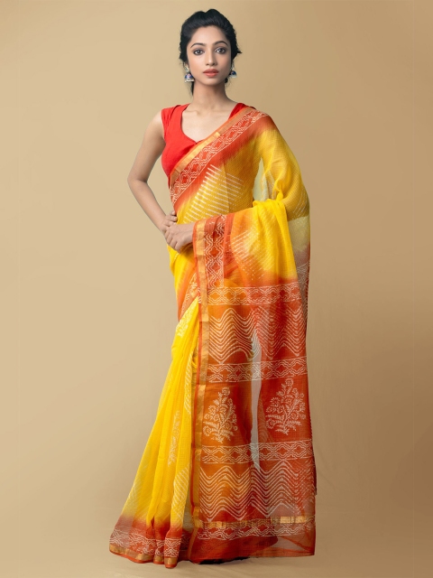 

Unnati Silks Yellow & Red Ethnic Motifs Zari Pure Cotton Kota Saree