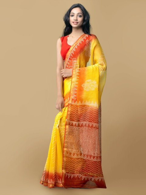

Unnati Silks Yellow & Red Ethnic Motifs Hand Block Printed Zari Pure Cotton Kota Saree