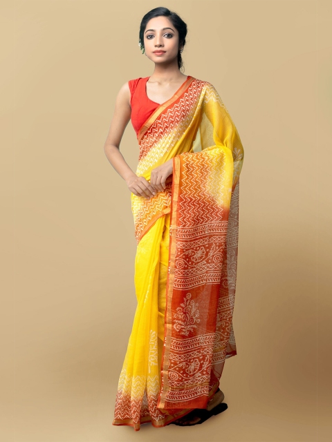 

Unnati Silks Yellow & Orange Ethnic Motifs Zari Pure Cotton Kota Saree