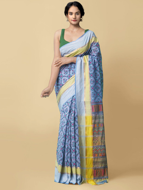 

Unnati Silks Blue & Yellow Ethnic Motifs Pure Cotton Mangalagiri Saree
