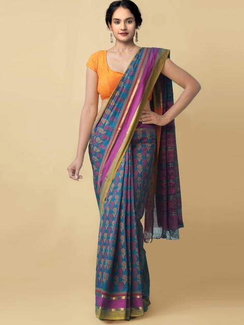 

Unnati Silks Blue & Purple Ethnic Motifs Hand Block Printed Pure Cotton Mangalagiri Saree