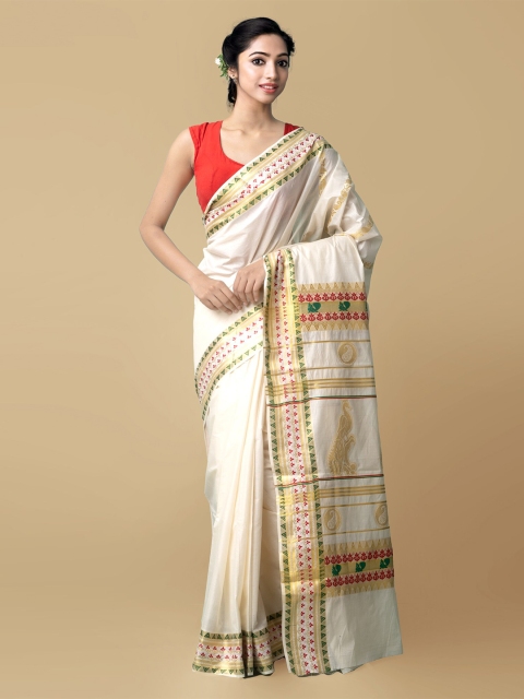 

Unnati Silks Cream-Coloured & Green Ethnic Motifs Zari Pure Cotton Kasavu Saree