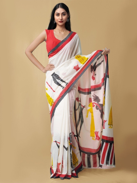 

Unnati Silks White & Red Ethnic Motifs Pure Cotton Kasavu Saree