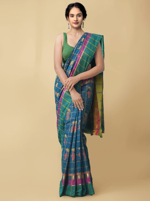 

Unnati Silks Blue & Pink Floral Pure Cotton Mangalagiri Saree