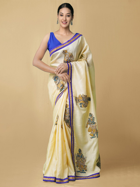 

Unnati Silks Cream-Coloured & Blue Ethnic Motifs Zardozi Pure Silk Kasavu Saree
