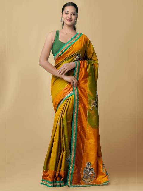 

Unnati Silks Green & Orange Embellished Zardozi Pure Silk Kasavu Saree