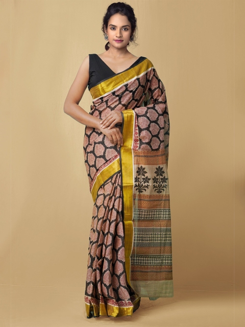 

Unnati Silks Black & Pink Ethnic Motifs Zari Jute Cotton Kerala Kasavu Saree