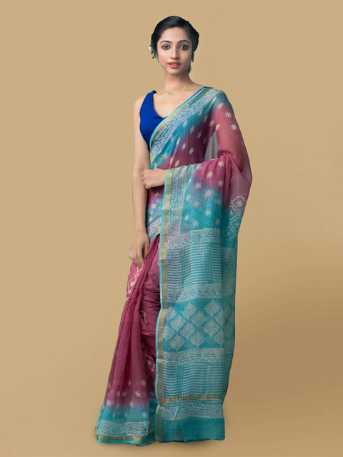 

Unnati Silks Pink & Blue Ethnic Motifs Zari Pure Cotton Kota Saree