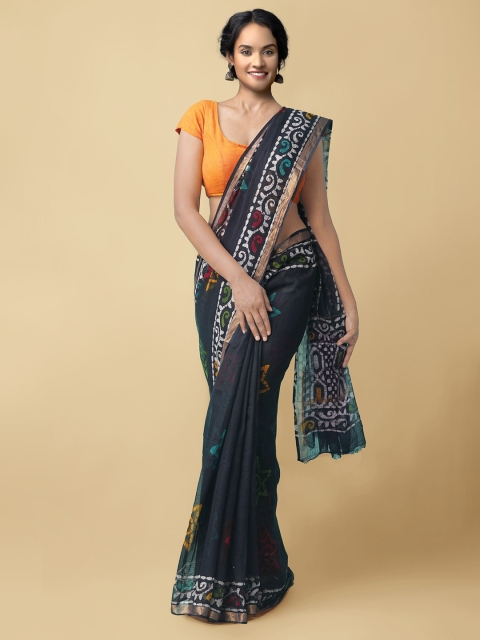 

Unnati Silks Black & White Batik Zari Pure Cotton Kota Saree