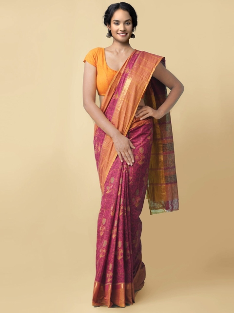 

Unnati Silks Red & Orange Floral Pure Cotton Mangalagiri Saree