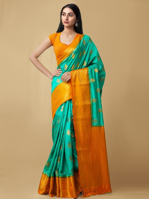 

Unnati Silks Green & Orange Woven Design Zari Silk Blend Banarasi Saree