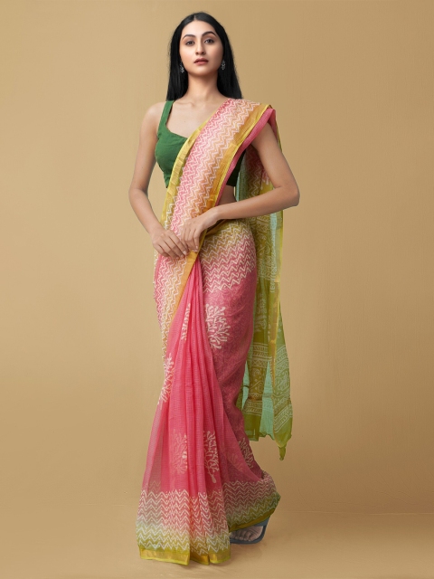 

Unnati Silks Pink & Yellow Ethnic Motifs Hand Block Printed Zari Pure Cotton Kota Saree