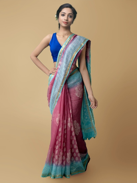 

Unnati Silks Pink & Blue Ethnic Motifs Zari Pure Cotton Kota Saree