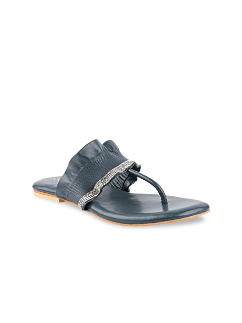 

THE WHITE POLE Women Grey Embellished Leather Ethnic T-Strap Flats