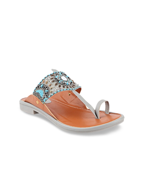

THE WHITE POLE Women Grey Embellished Leather Ethnic One Toe Flats