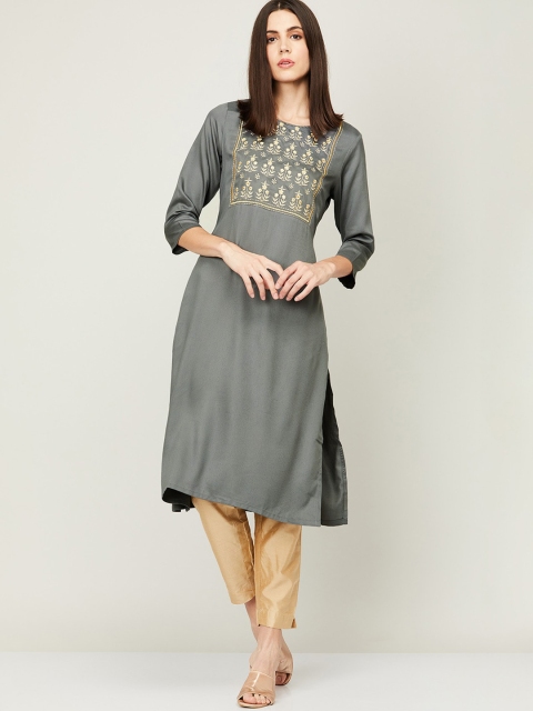 

Melange by Lifestyle Women Grey Ethnic Motifs Yoke Design Thread Work Kurta