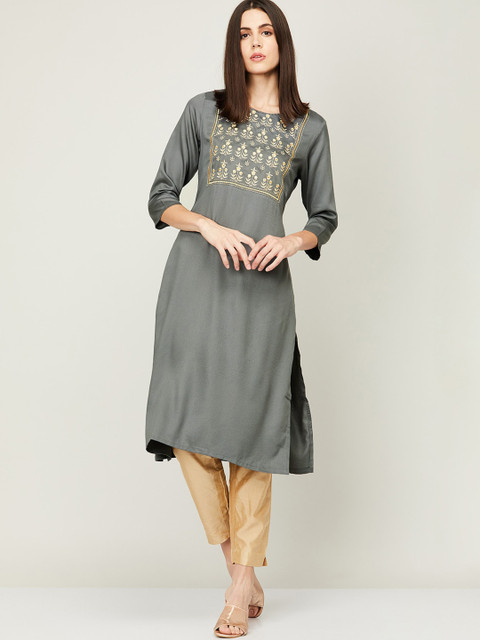 

Melange by Lifestyle Women Grey & Gold-Toned Ethnic Motifs Yoke Design A-line Kurta