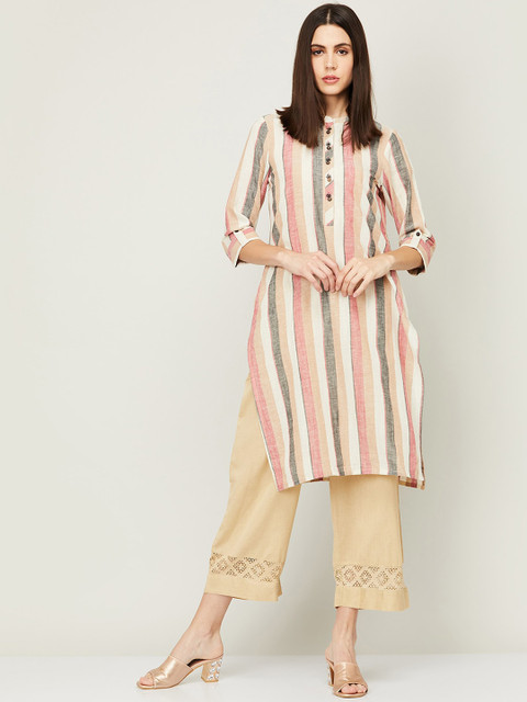 

Melange by Lifestyle Women Off White & Pink Striped Cotton Kurta
