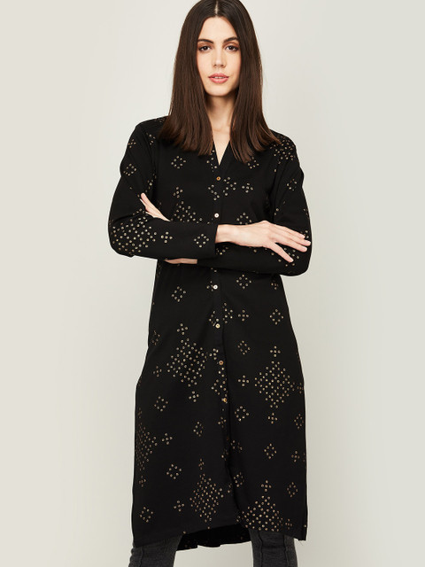 

Melange by Lifestyle Women Black & Gold-Toned Geometric Printed Kurta