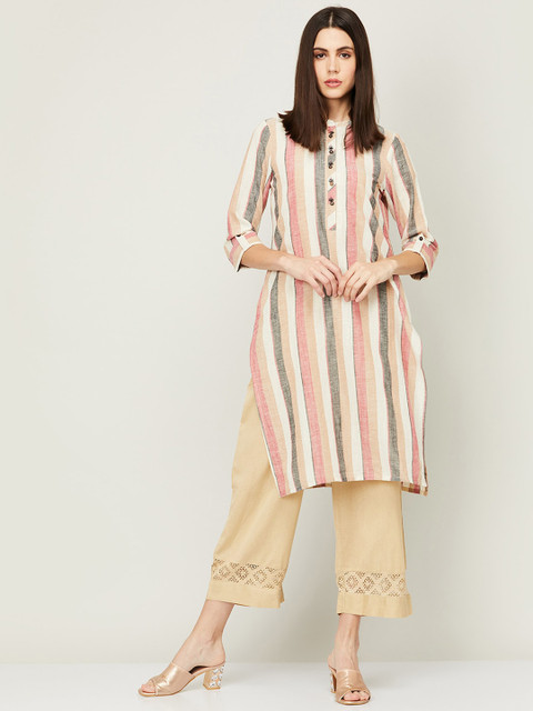 

Melange by Lifestyle Women Off White & Pink Striped Straight Kurta