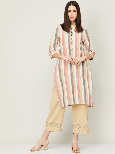 

Melange by Lifestyle Women Cream-Coloured & Grey Striped Kurta