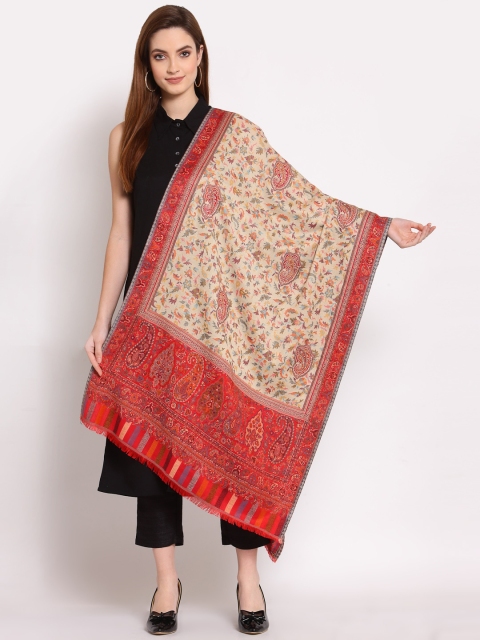 

Anekaant Women Cream & Red Ethnic Motif Woven Design Woolen Shawl