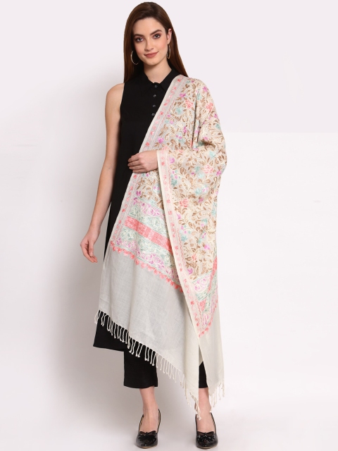 

Anekaant Woman White & Multi Floral Embroidered Woolen Shawl