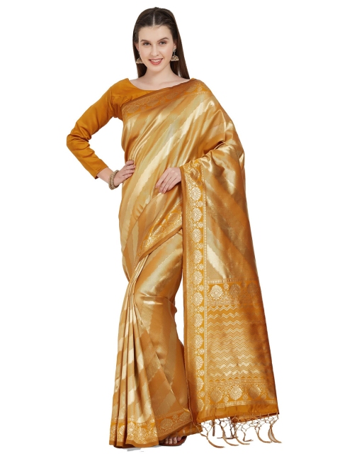 

Viva N Diva Mustard & Gold-Toned Woven Design Silk Blend Kanjeevaram Saree