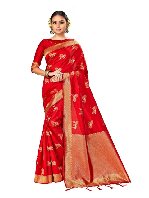 

Viva N Diva Blue & Red Ethnic Motifs Zari Art Silk Banarasi Saree