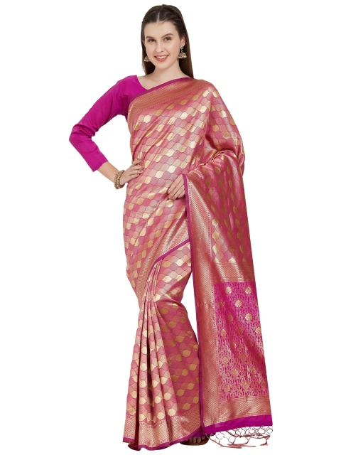 

Viva N Diva Pink & Gold-Toned Woven Design Zari Silk Blend Kanjeevaram Saree