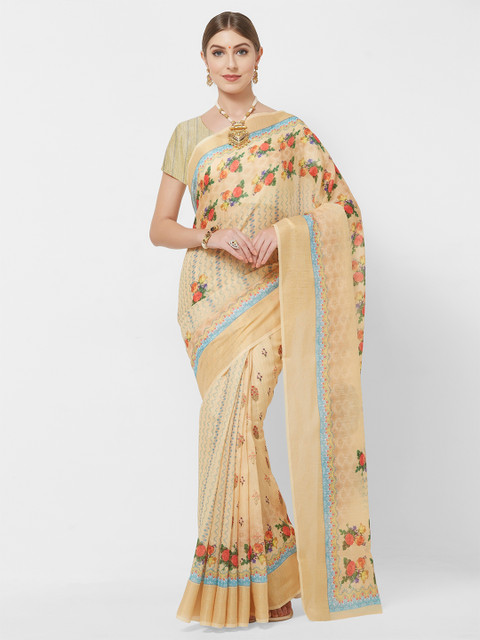 

Viva N Diva Yellow & Blue Floral Zari Linen Blend Saree