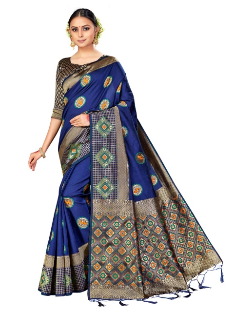 

Viva N Diva Navy Blue & Gold-Toned Woven Design Zari Art Silk Banarasi Saree