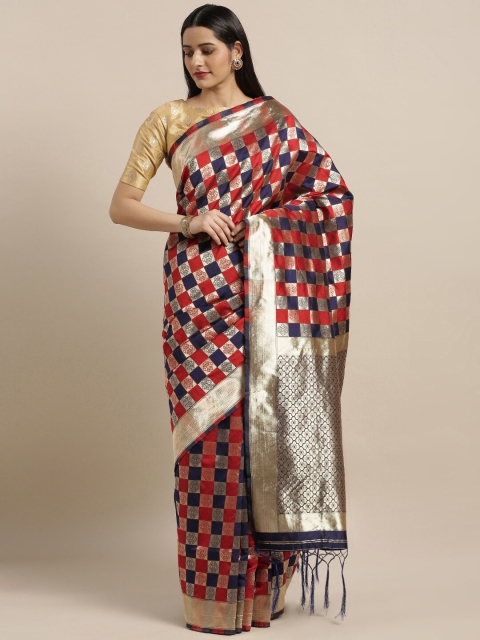 

Viva N Diva Blue & Red Woven Design Zari Art Silk Saree