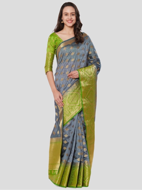 

Viva N Diva Grey & Green Ethnic Motifs Zari Silk Blend Kanjeevaram Saree