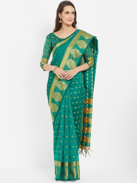 

Viva N Diva Green & Gold-Toned Woven Design Zari Silk Blend Saree