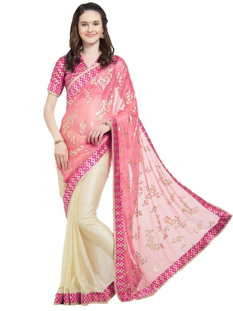 

Viva N Diva Pink & Cream-Coloured Floral Printed Net Half and Half Saree