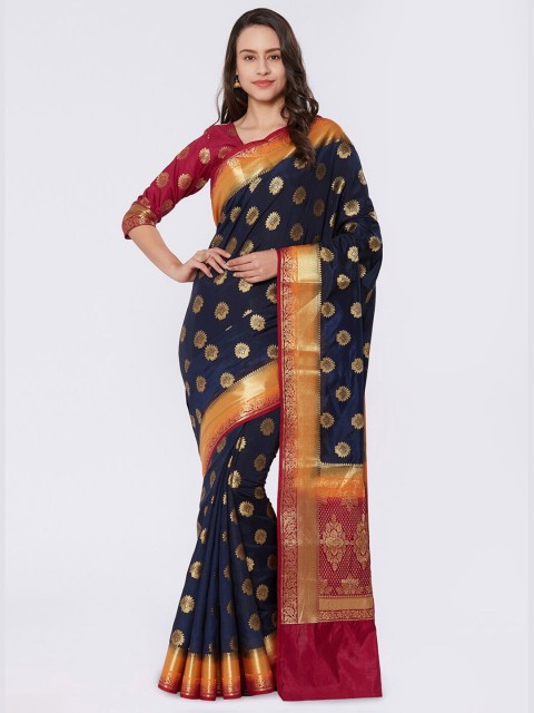 

Viva N Diva Navy Blue & Pink Woven Design Zari Silk Blend Kanjeevaram Saree