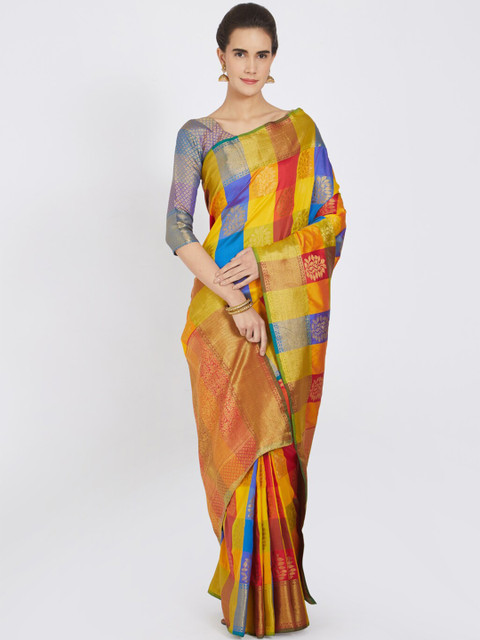

Viva N Diva Yellow & Red Woven Design Zari Silk Blend Saree
