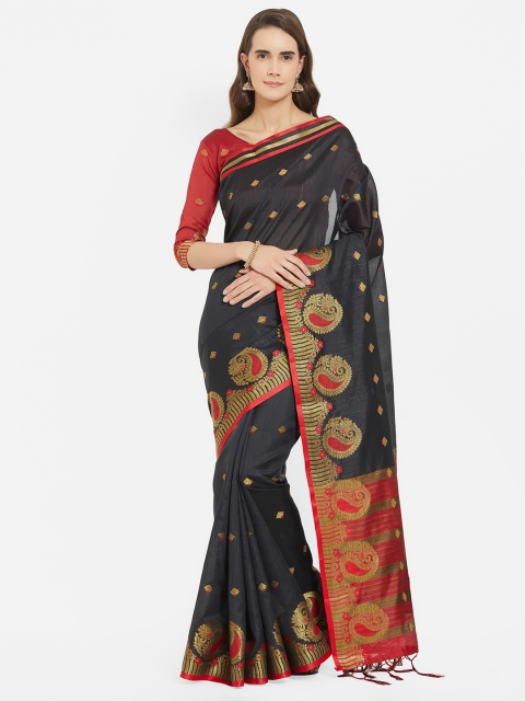 

Viva N Diva Black & Red Ethnic Motifs Zari Silk Blend Khadi Saree