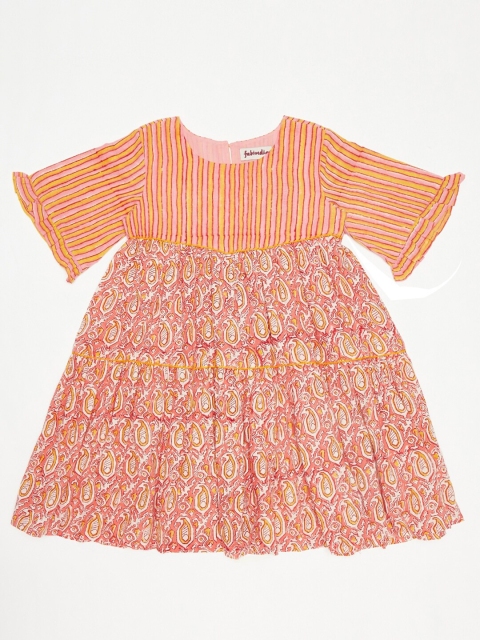 

Fabindia Girls Pink & Yellow Paisley Printed Cotton Empire Dress