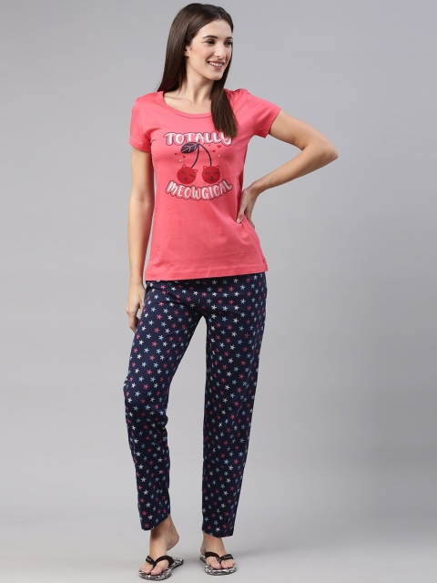 

A3A Women Pink & Navy Blue Printed Pure Cotton Night suit