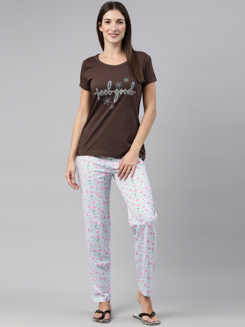 

A3A Women Brown & White Printed Pure Cotton Night Suit