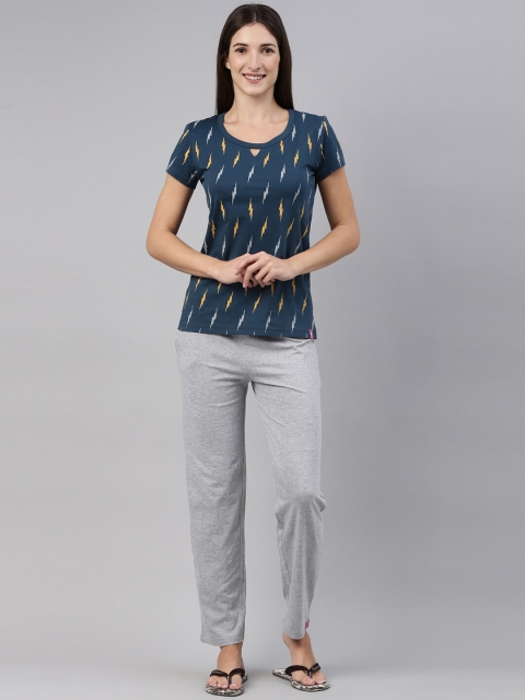 

A3A Women Blue & Grey Printed Pure Cotton Night Suit