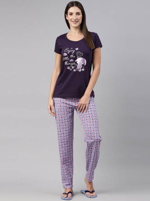 

A3A Women Navy Blue & Purple Printed Pure Cotton Night suit