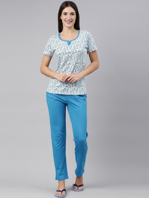 

A3A Women Blue & White Printed Pure Cotton Night Suit
