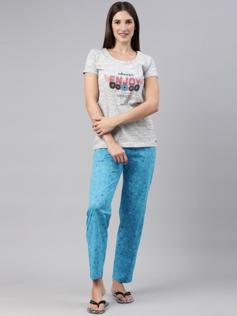 

A3A Women Grey & Blue Printed Cotton Night suit