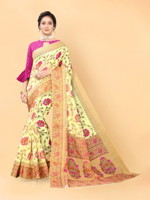 

Viva N Diva Yellow & Brown Floral Printed Khadi Saree