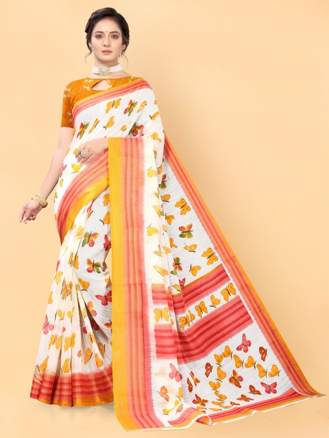 

Viva N Diva White & Red Floral Khadi Saree